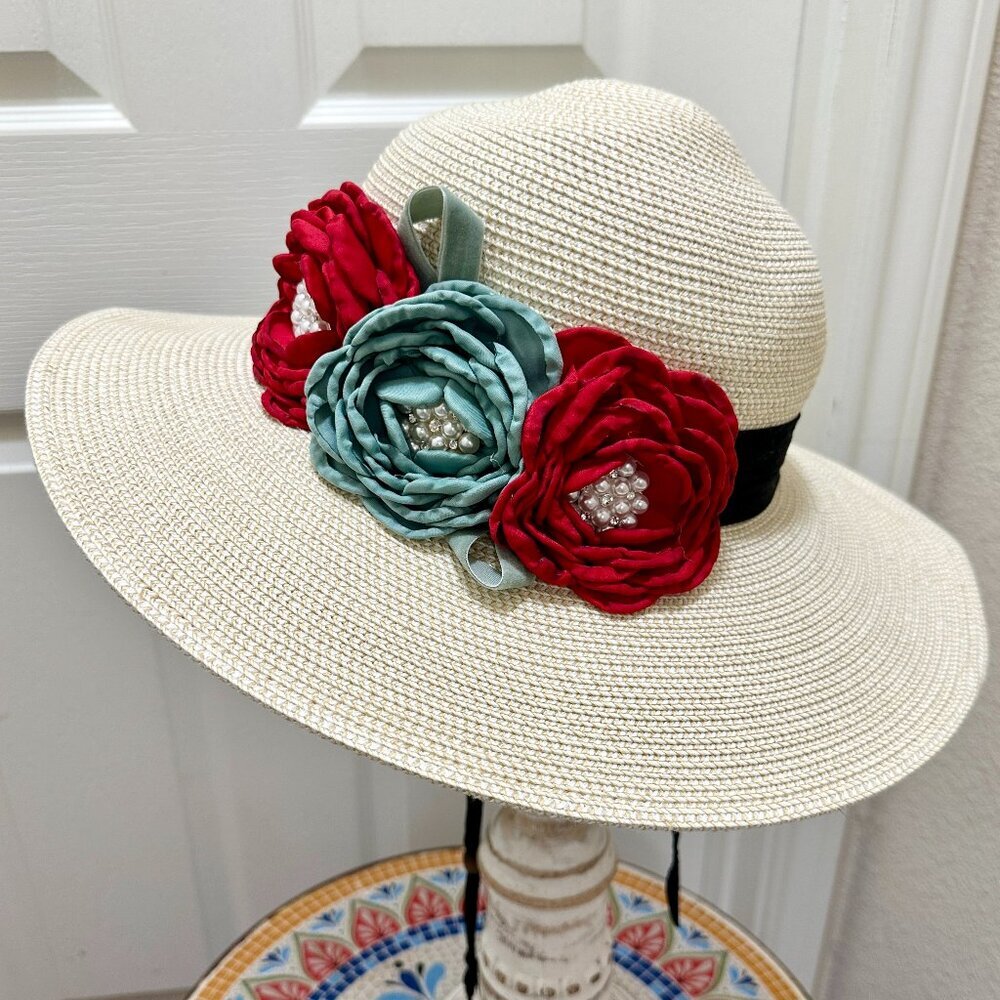 Elegant Women's Tweed Sun Hat With Satin Flowers And Pearls Wedding Tea Party